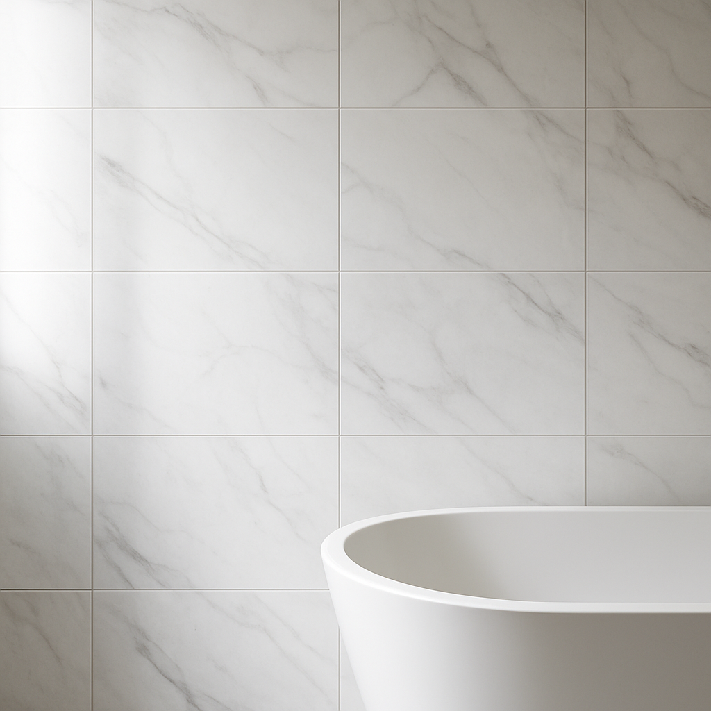 Modernes Badezimmer mit großformatigen weißen Wandfliesen und freistehender Badewanne